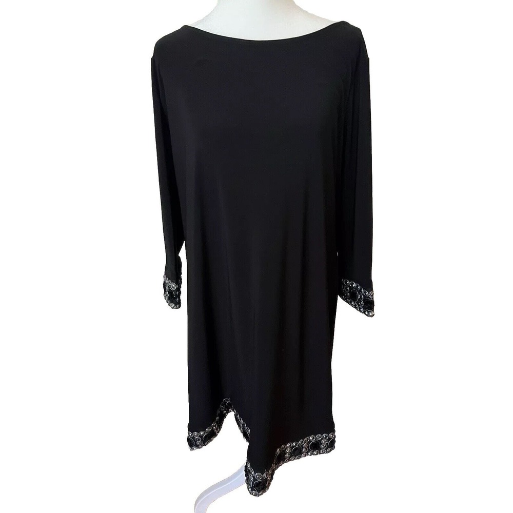 Tiana B Size 14‎ Black Long Sleeve Sheath Dress Embellished Trim Cocktail Party